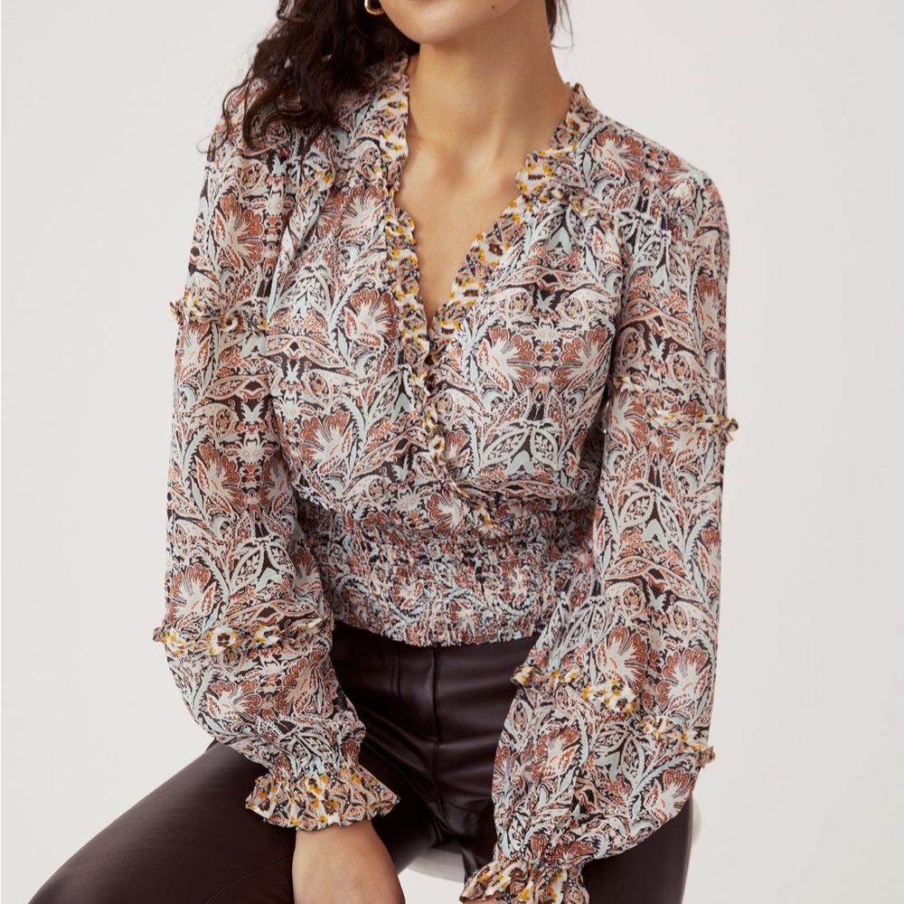 Anthropologie Brown and White Smocked Puff Sleeve Blouse